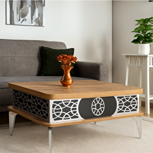 Lily Akıllı Sehpa Atlantik Çam Antrasit Gümüş Lazer Desenli Açılabilir Fonksiyonel Masa 90x60 Cm
