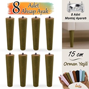 8 Adet Ahşap Ayak 15 Cm Orman Yeşili M8 Civatalı Bağlantı Aparatlı Dolap Mobilya Koltuk Kanepe Destek Ayağı Ayakları