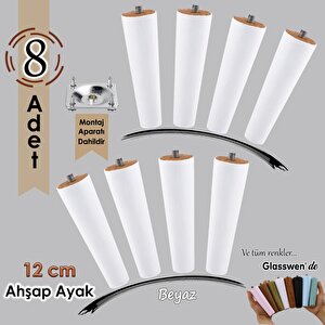 8 Adet Ahşap Ayak 12 Cm Beyaz M8 Civatalı Bağlantı Aparatlı Dolap Mobilya Koltuk Kanepe Destek Ayağı Ayakları