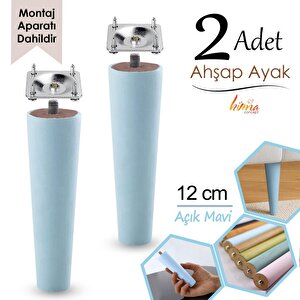 2 Adet Ahşap Ayak 12 Cm Açık Mavi M8 Civatalı Bağlantı Aparatlı Dolap Mobilya Koltuk Kanepe Destek Ayağı Ayakları