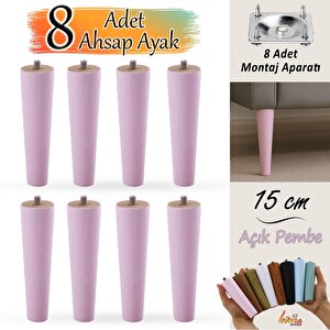 8 Adet Ahşap Ayak 15 Cm Açık Pembe M8 Civatalı Bağlantı Aparatlı Dolap Mobilya Koltuk Kanepe Destek Ayağı Ayakları