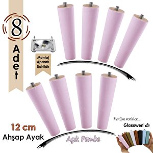 8 Adet Ahşap Ayak 12 Cm Açık Pembe M8 Civatalı Bağlantı Aparatlı Dolap Mobilya Koltuk Kanepe Destek Ayağı Ayakları