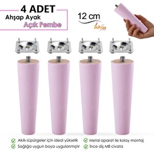 4 Adet Ahşap Ayak 12 Cm Açık Pembe M8 Civatalı Bağlantı Aparatlı Dolap Mobilya Koltuk Kanepe Destek Ayağı Ayakları