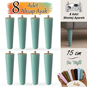 8 Adet Ahşap Ayak 15 Cm Su Yeşili M8 Civatalı Bağlantı Aparatlı Dolap Mobilya Koltuk Kanepe Destek Ayağı Ayakları