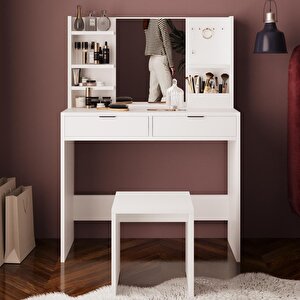 V5050 Diena Takı Askılı Raflı Tabureli Makyaj Masası Aynalı Beyaz