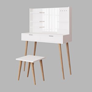 Bimossa V4050 Bella Tabureli Doğal Ayaklı Aynalı Takı Askılı Makyaj Masası Beyaz