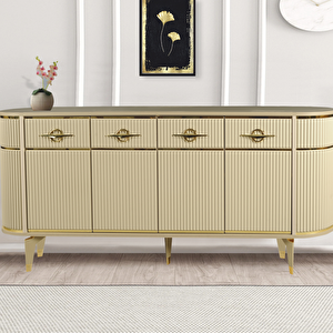 Maya Cappuccino Gold Lüks Konsol 4 Kapaklı Şerit Detaylı Metal Ayaklı Tasarım 180x45x84 Cm