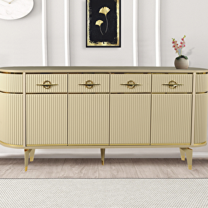 Maya Cappuccino Gold Lüks Konsol 4 Kapaklı Şerit Detaylı Metal Ayaklı Tasarım 180x45x84 Cm