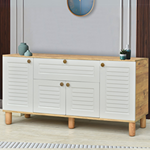 Helena Konsol Atlantik Çam Beyaz 4 Kapaklı 1 Çekmeceli Ahşap Detaylı 160x80x44 Cm
