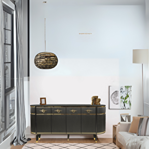 Maya Siyah Gold Lüks Konsol 4 Kapaklı Şerit Detaylı Metal Ayaklı Tasarım 180x45x84 Cm