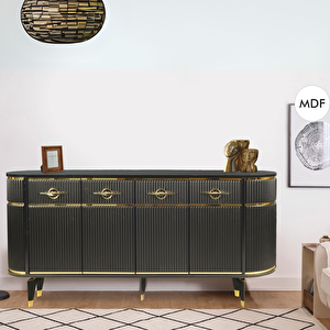 Maya Siyah Gold Lüks Konsol 4 Kapaklı Şerit Detaylı Metal Ayaklı Tasarım 180x45x84 Cm