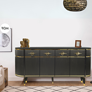 Maya Siyah Gold Lüks Konsol 4 Kapaklı Şerit Detaylı Metal Ayaklı Tasarım 180x45x84 Cm