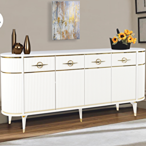 Maya Beyaz Gold Lüks Konsol 4 Kapaklı Şerit Detaylı Metal Ayaklı Tasarım 180x45x84 Cm