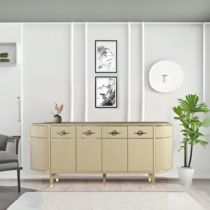 Maya Cappuccino Gümüş Lüks Konsol 4 Kapaklı Şerit Detaylı Metal Ayaklı Tasarım 180x45x84 Cm