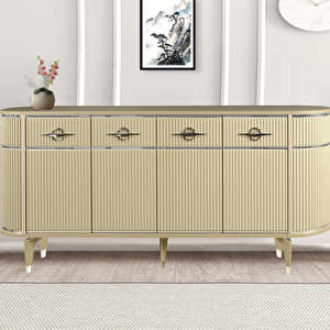 Maya Cappuccino Gümüş Lüks Konsol 4 Kapaklı Şerit Detaylı Metal Ayaklı Tasarım 180x45x84 Cm