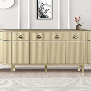 Maya Cappuccino Gümüş Lüks Konsol 4 Kapaklı Şerit Detaylı Metal Ayaklı Tasarım 180x45x84 Cm
