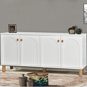Lidya Konsol 4 Kapaklı Beyaz Krem Ahşap Görünümlü Ayaklı 180x80x44 Cm