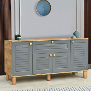 Helena Konsol Atlantik Çam Antrasit4 Kapaklı 1 Çekmeceli Ahşap Detaylı 160x80x44 Cm