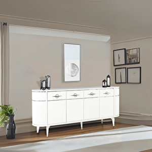 Maya 4 Kapaklı Gümüş Detaylı Konsol – Beyaz Renkli Oval Model | 180x45x84 Cm