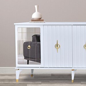 Tuna Konsol Beyaz Yanları Aynalı Gold Halkalı Kulplu 4 Kapaklı Konsol 160x44x82 Cm