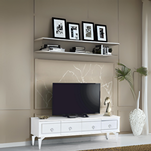 Vina Tv Sehpası Beyaz Gümüş Şeritli Kapaklı Modern Tasarım 150 Ekran Üzeri Uyumlu 160x36x50 Cm