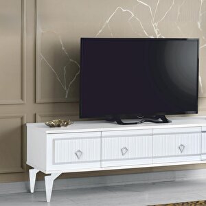 Vina Tv Sehpası Beyaz Gümüş Şeritli Kapaklı Modern Tasarım 150 Ekran Üzeri Uyumlu 160x36x50 Cm