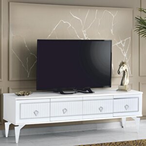 Vina Tv Sehpası Beyaz Gümüş Şeritli Kapaklı Modern Tasarım 150 Ekran Üzeri Uyumlu 160x36x50 Cm