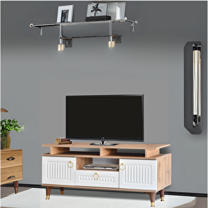 Pera Tv Sehpası Atlantik Çam Krem Renkli 2 Kapaklı 1 Çekmeceli Raflı Üst Panel 130x59x36 Cm