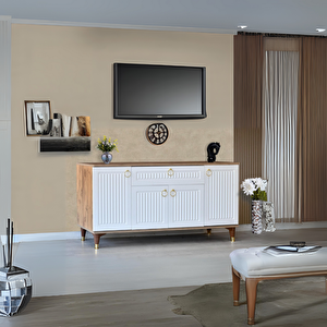 Arya Konsol 4 Kapaklı 1 Çekmeceli Beyaz Atlantik Çam Gold Detaylı 160x80x44 Cm