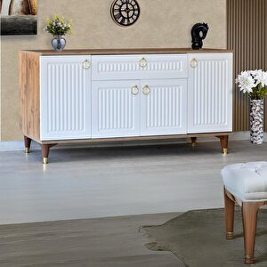 Arya Konsol 4 Kapaklı 1 Çekmeceli Beyaz Atlantik Çam Gold Detaylı 160x80x44 Cm