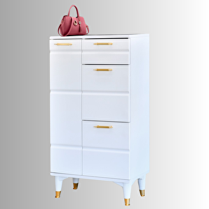 Roma Beyaz Ayakkabılık Gold Detaylı 1 Kapaklı 1 Çekmeceli 2 Düşen Kapak 60x34x150 Cm