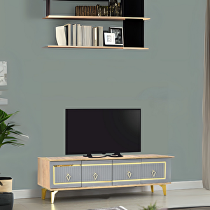 Vina Tv Sehpası Atlantik Çam Antrasit Gold 4 Kapaklı Çizgili Kulplu 160x36x50 Cm
