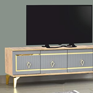 Vina Tv Sehpası Atlantik Çam Antrasit Gold 4 Kapaklı Çizgili Kulplu 160x36x50 Cm