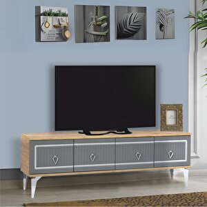 Vina Tv Sehpası Atlantik Çam Antrasit Gümüş Şeritli 4 Kapaklı Sehpa 160x36x50 Cm
