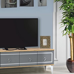Vina Tv Sehpası Atlantik Çam Antrasit Gümüş Şeritli 4 Kapaklı Sehpa 160x36x50 Cm