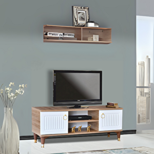 Eva Tv Sehpası Atlantik Çam Beyaz Renkli 2 Kapaklı Açık Raflı 130x50x36 Cm
