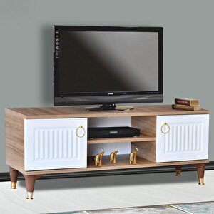 Eva Tv Sehpası Atlantik Çam Beyaz Renkli 2 Kapaklı Açık Raflı 130x50x36 Cm