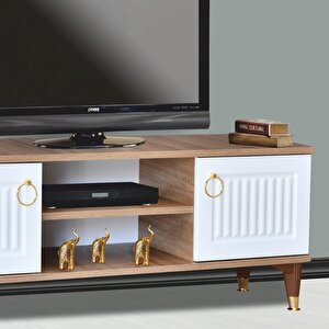 Eva Tv Sehpası Atlantik Çam Beyaz Renkli 2 Kapaklı Açık Raflı 130x50x36 Cm