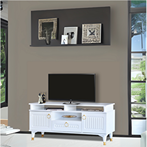 Pera Tv Sehpası 2 Kapaklı 1 Çekmeceli Beyaz Gold Detaylı 130x59x36 Cm