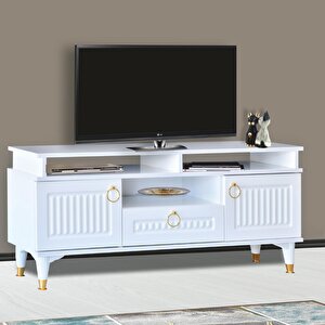 Pera Tv Sehpası 2 Kapaklı 1 Çekmeceli Beyaz Gold Detaylı 130x59x36 Cm