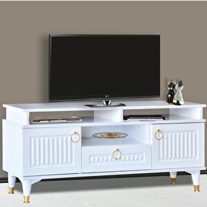 Pera Tv Sehpası 2 Kapaklı 1 Çekmeceli Beyaz Gold Detaylı 130x59x36 Cm