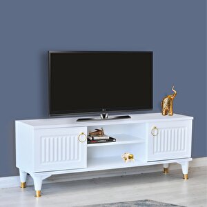 Eva Tv Sehpası Beyaz Gold Kulplu Kapaklı Raflı Yüksek Ayaklı Sehpa 130x36x50 Cm