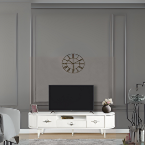 Duru Tv Sehpası Beyaz Gümüş Detaylı Çekmeceli 2 Kapaklı Oval Tasarım 180x53x40 Cm