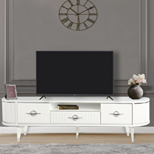 Duru Tv Sehpası Beyaz Gümüş Detaylı Çekmeceli 2 Kapaklı Oval Tasarım 180x53x40 Cm