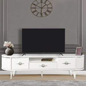 Duru Tv Sehpası Beyaz Gümüş Detaylı Çekmeceli 2 Kapaklı Oval Tasarım 180x53x40 Cm