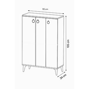 Sinbo Ayakkabılık Atlantik Çam 3 Kapaklı Raflı Yüksek Ayaklı Çok Gözlü Ayakkabı Dolabı 90x34x105 Cm