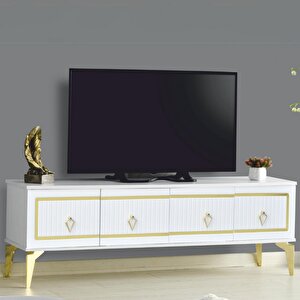 Vina Tv Sehpası Beyaz Gold 4 Kapaklı Çizgili Kulplu Metal Ayaklı 160x36x50 Cm