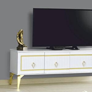 Vina Tv Sehpası Beyaz Gold 4 Kapaklı Çizgili Kulplu Metal Ayaklı 160x36x50 Cm