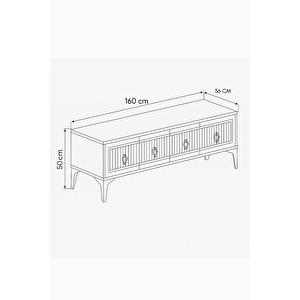 Vina Tv Sehpası Beyaz Gold 4 Kapaklı Çizgili Kulplu Metal Ayaklı 160x36x50 Cm
