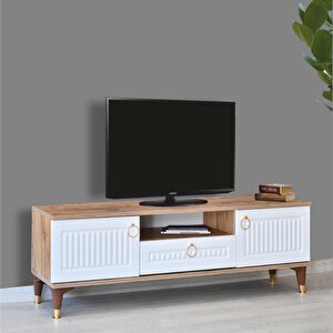 Mindy Tv Sehpası Atlantik Çam Beyaz Gold Detaylı 2 Kapaklı 1 Çekmeceli 160x50x36 Cm